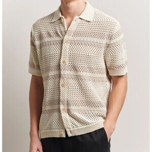 LES DEUX Shirt Mens Medium Cream Stripe Button Up Sheer Knit GIANNI $199